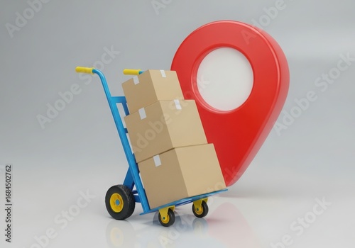 A blue hand truck loaded with cardboard boxes next to a large red location pin, symbolizing delivery and logistics services