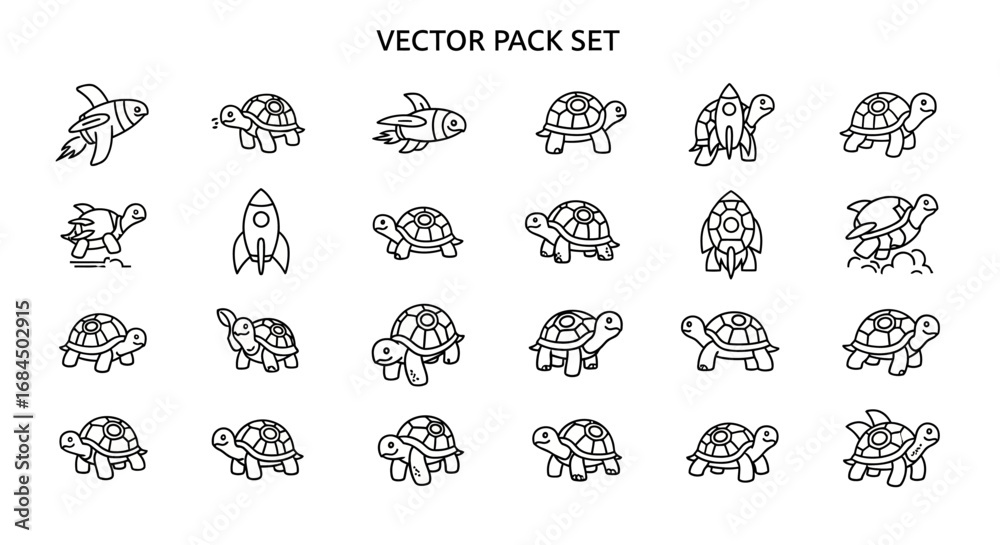 Obraz premium Whimsical turtle-themed icon set with rocket and airplane elements, ideal for playful design