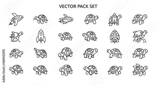 Whimsical turtle-themed icon set with rocket and airplane elements, ideal for playful design