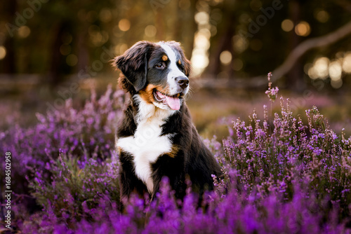 Cuadro en lienzo Little Bernese Mountain Dog puppy girl in the heather in the forest