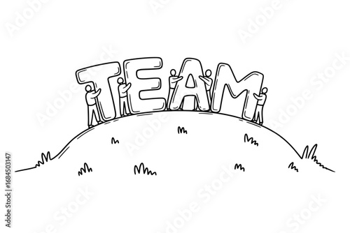 People holding up the word team on a hill