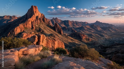 Sunset Over Red Rock Mountain Range in Desert
