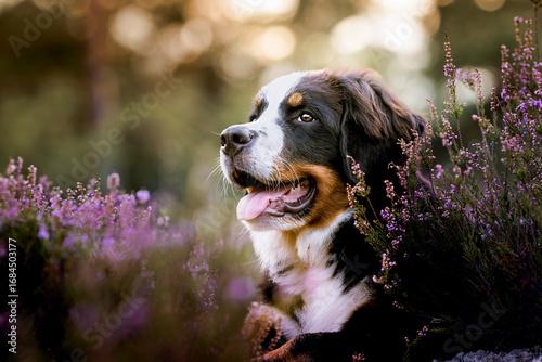 Fotografía Little Bernese Mountain Dog puppy girl in the heather in the forest