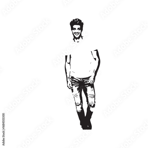 Handsome Man Black and White Illustration Vector Image Male Portrait Fashion Sketch Line Art Design
