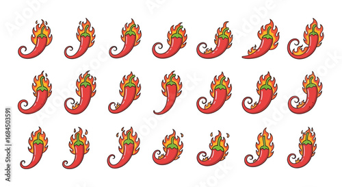 Spicy delight seamless pattern featuring red hot chili peppers ablaze with cartoon flames element