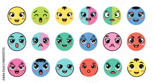 Diverse array of cartoon emoticon characters showcasing various facial expressions and colors