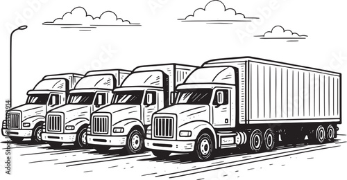 Expedition trucks in row linear vector