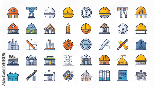Modern flat vector architecture icon set including blueprint, compass, column, building, crane, and hard hat