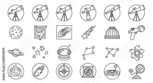 Line art icons depicting astronomy exploration, science and space observation tools vector