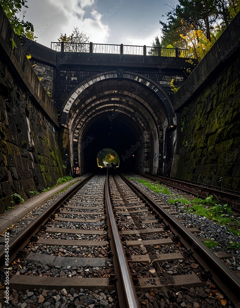Obraz premium Dark tunnel entrance with railway tracks