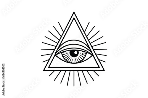 Mysterious all seeing eye within a triangle symbol with rays of light silhouette isolated on white background