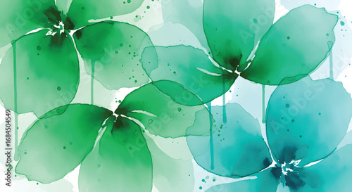 Ethereal floral watercolor concept design with translucent green and aqua flowers on a white background