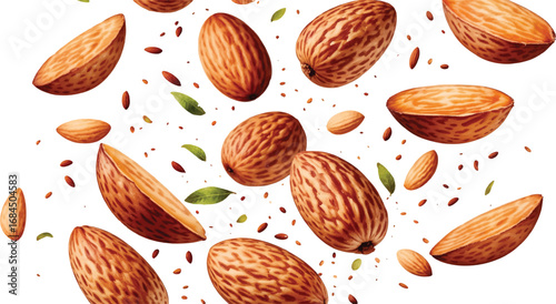 Flying almonds with slices in the air