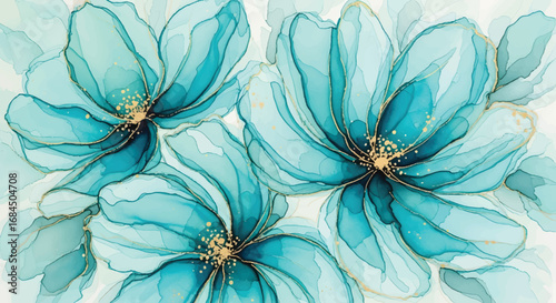 A beautiful trio of ethereal teal and gold flowers created with a liquid ink wash effect, perfect for wall art and decor