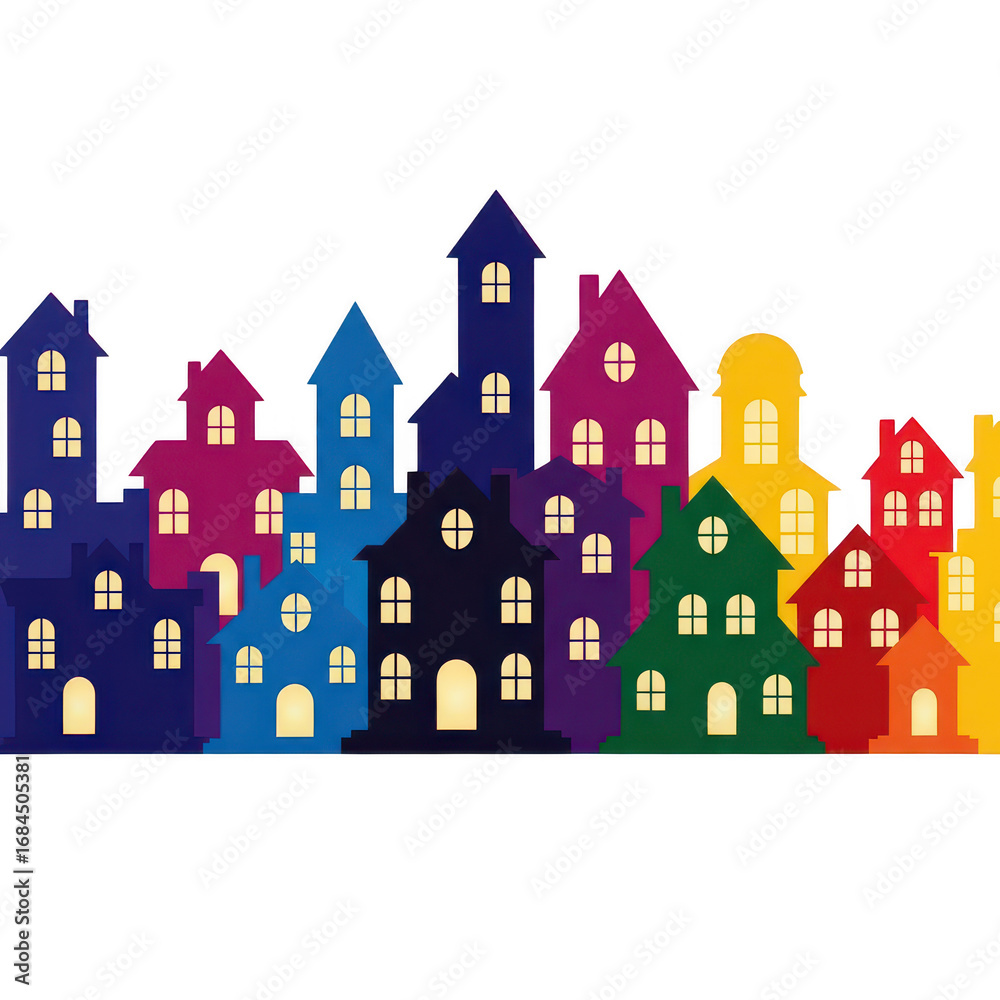 Fototapeta premium Colorful silhouette village houses with lit windows isolated on transparent background