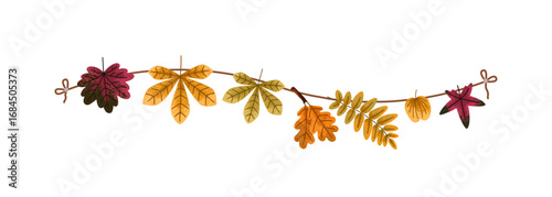 Fall leaves garland. Autumn decoration with dry foliage. Maple, oak, chestnut tree leaf attached to string rope. Festive seasonal ornament, decor. Flat vector illustration isolated on white background