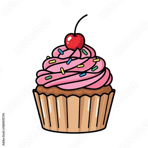 Delicious Cupcake with Pink Frosting and Cherry Topping.