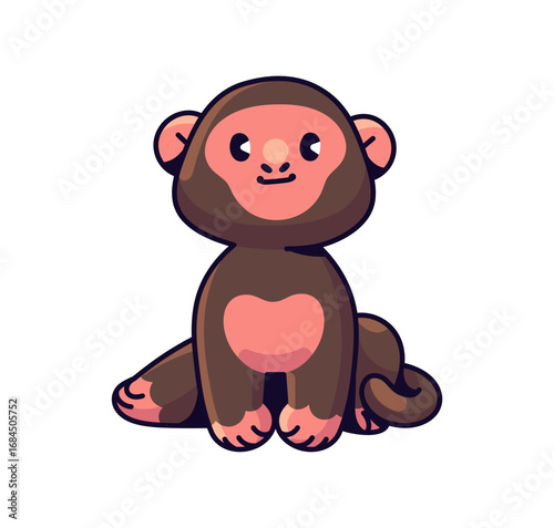 Cute little monkey sits and smiles. Funny character of jungle and rainforest in happy, joyful. Adorable exotic baby animal relaxes, has a rest. Flat isolated vector illustration on white background
