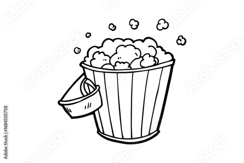 Simple line art silhouette of a bucket overflowing with popcorn isolated on white background