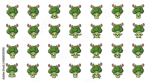 Collection of playful broccoli caricatures with antler headbands for whimsical designs