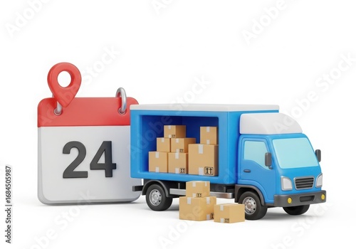 Blue delivery truck loaded with packages next to a calendar showing the 24th day, representing timely delivery and scheduling services