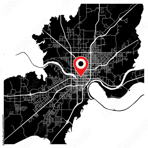 Stylized monochrome city map with prominent location marker showcases urban detail
