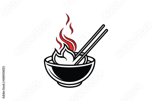 Stylized silhouette of a steaming bowl of noodles with chopsticks and flames isolated on white background