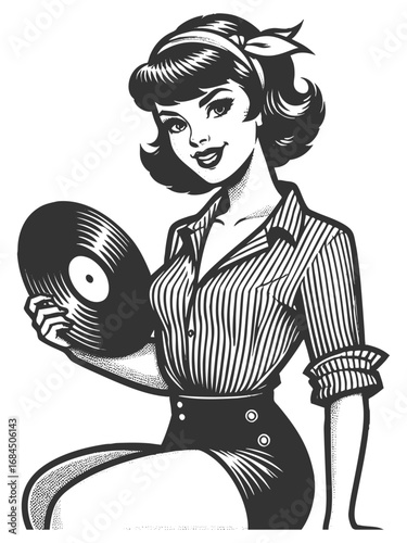 smiling pin-up woman in striped blouse and skirt, holding a vinyl record with charm sketch engraving generative ai fictional character vector illustration. Scratch board. Black and white image.