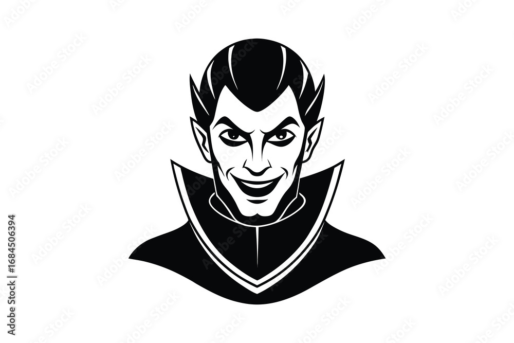 Menacing vampire character with sharp features and a sinister smile depicted as a bold black silhouette isolated on white background Menacing vampire character with sharp features and a sinister smile depicted as a bold black silhouette isolated on white background
