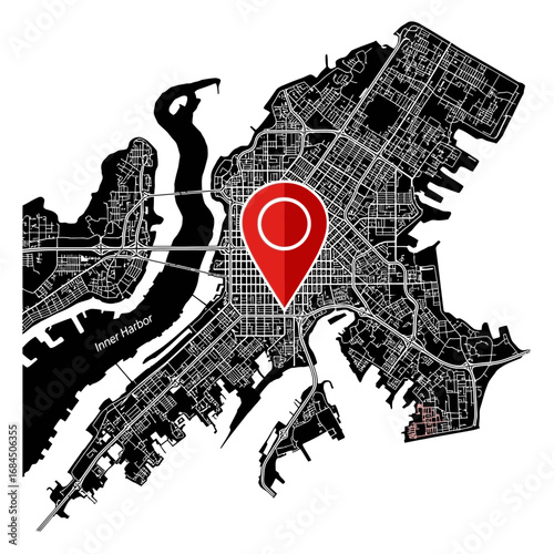 Stylized cartographic city illustration featuring detailed road networks and pinpoint location
