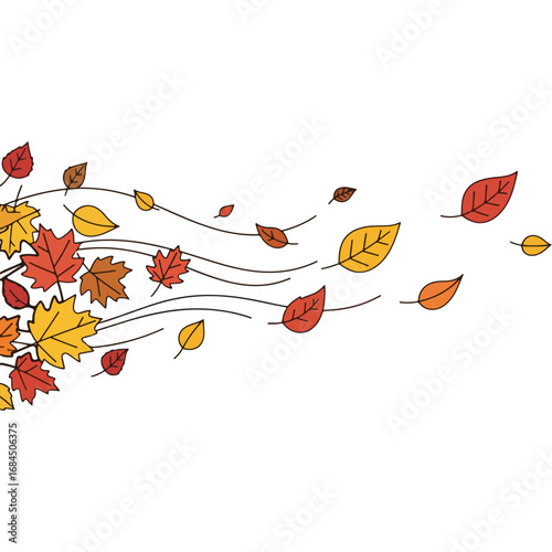 Autumn Wind: Vector illustration of colorful leaves blowing in the wind, perfect for seasonal designs, banners, and digital advertising.