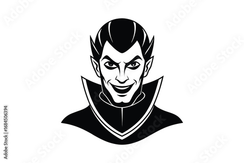 Menacing vampire character with sharp features and a sinister smile depicted as a bold black silhouette isolated on white background