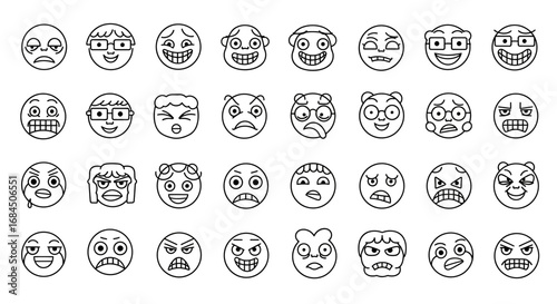 A diverse set of line art emoticons conveying a wide range of human expressions and emotions