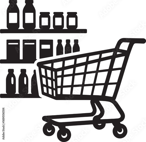 Shopping cart and shelves, concept of shopping