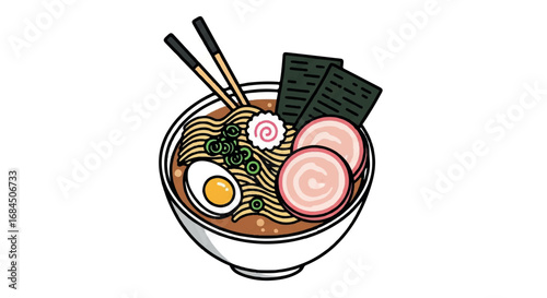 Delicious Ramen Bowl with Chopsticks and Toppings.
