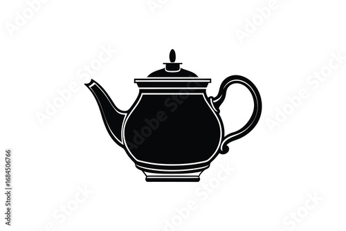 Classic antique black teapot silhouette with ornate handle and spout isolated on white background
