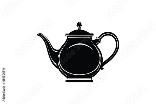 Classic black silhouette of an ornate antique teapot with a handle and spout isolated on white background