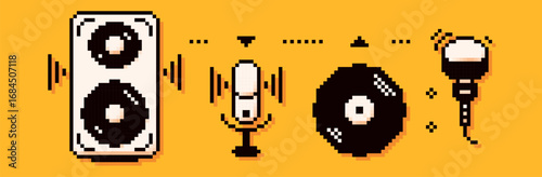 Pixel podcast elements. Music speaker, microphones, and vinyl record.
