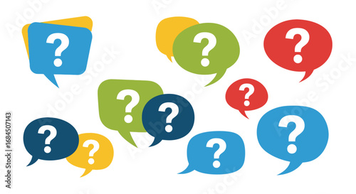 Colorful question marks inside speech bubbles representing inquiries and problem solving