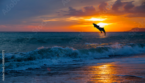 Fototapeta Naklejka Na Ścianę i Meble -  Group of dolphins jumping on the sea wave at sunset 