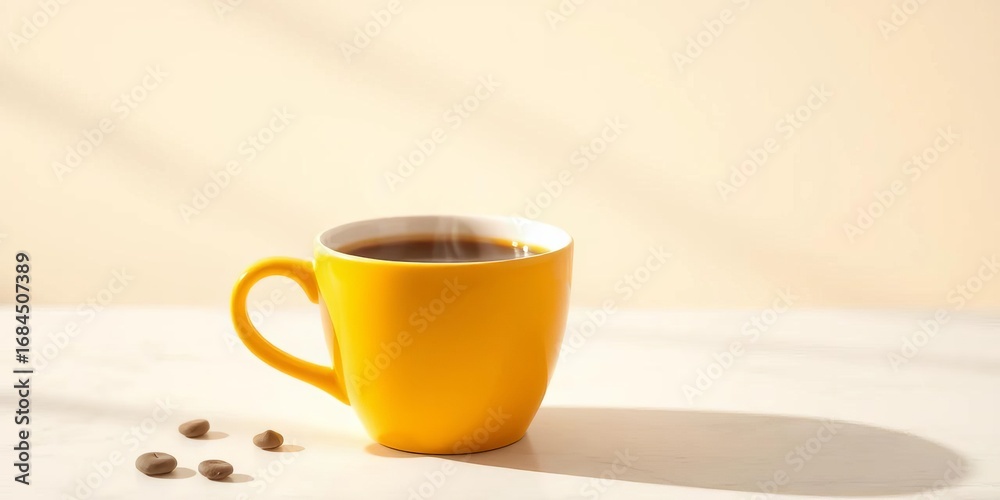 Obraz premium Steaming decaf coffee in a yellow cup on a clean background, closeup, clean background