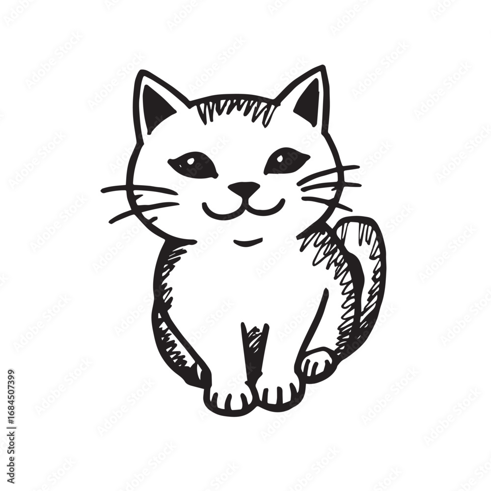 Obraz premium Cat Doodle Black and White Illustration Vector Image Cute Kitten Sketch Line Art Drawing Silhouette