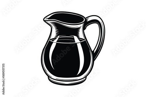 Vintage illustration of a pitcher filled with dark liquid rendered in a detailed silhouette style isolated on white background