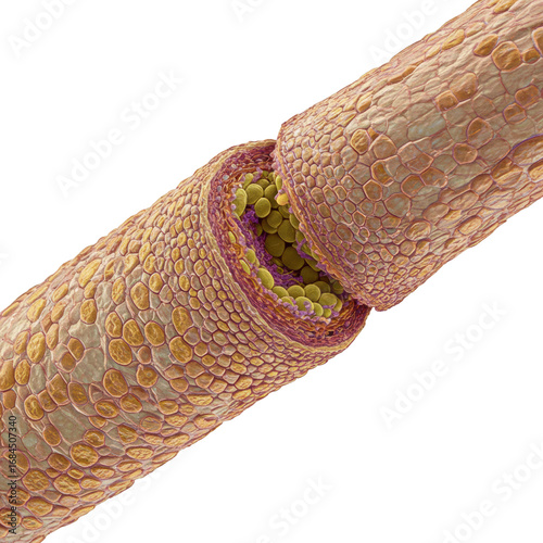 Highly magnified, ultra-detailed human hair shaft showing intricate cuticle scales, fibrous cortex, and central medulla on a transparent background, concept of biological complexity