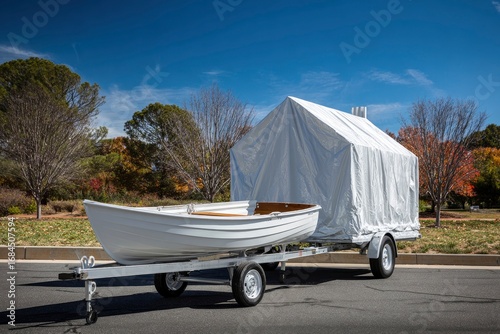White boat and tiny house on trailer, sunny day