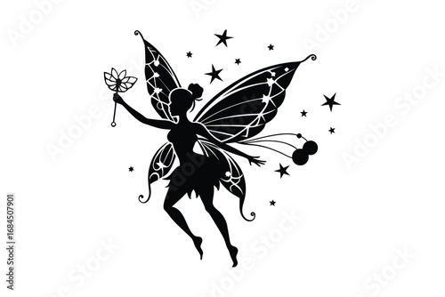 Enchanting fairy silhouette with ornate wings and magic wand dancing among stars isolated on white background silhouette