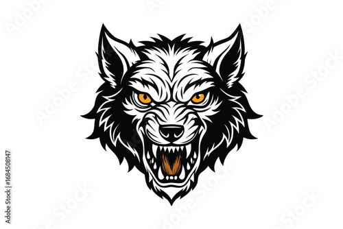 Fierce wolf head illustration with intense eyes and bared teeth silhouette isolated on white background