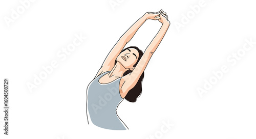 Illustrated woman stretching arms overhead for wellness and fitness routine