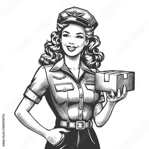 smiling woman in uniform and cap, holding a delivery package with confidence and charm sketch engraving generative ai fictional character vector illustration. Scratch board. Black and white image.