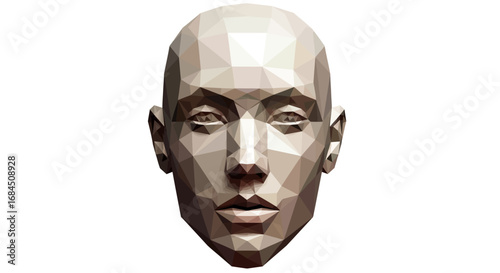 Low poly rendering of a human face with neutral expression and light complexion color on white